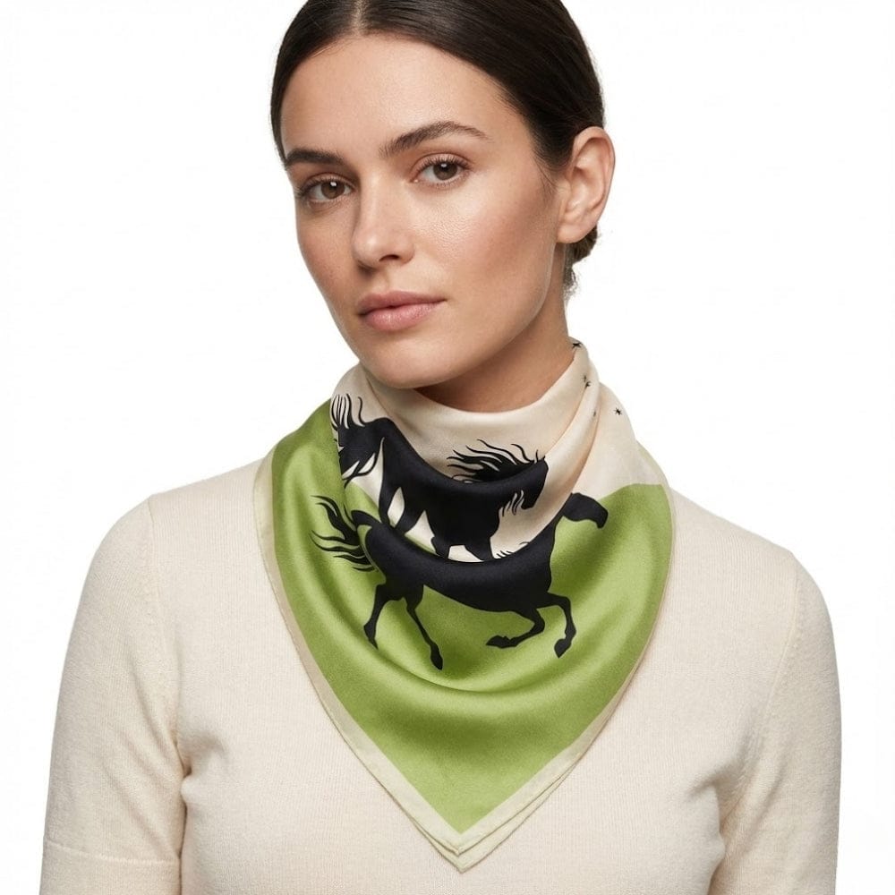 Foulard en soie vert | Teinte verte raffinée et motif équestre Vert / 53x53cm The Foulard