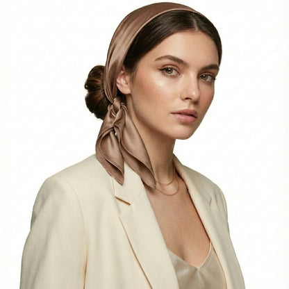 Foulard en soie marron noué sur une femme au look chic, portant une veste beige et un haut satin