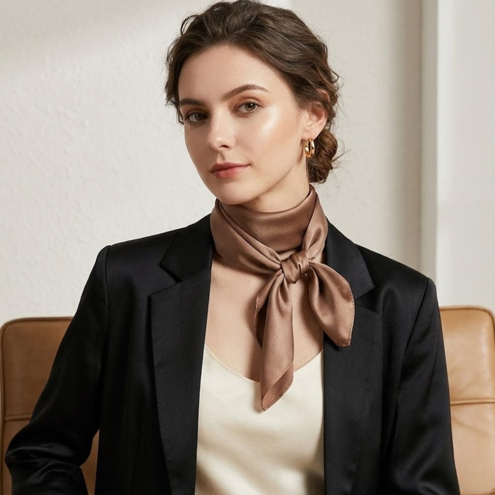Foulard en soie noué autour du cou d'une femme, couleur beige, porté avec une blouse satinée et un blazer noir