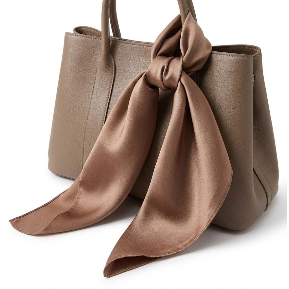 Foulard en satin noué sur un sac à main beige, couleur douce et élégante, ajoutant une touche chic