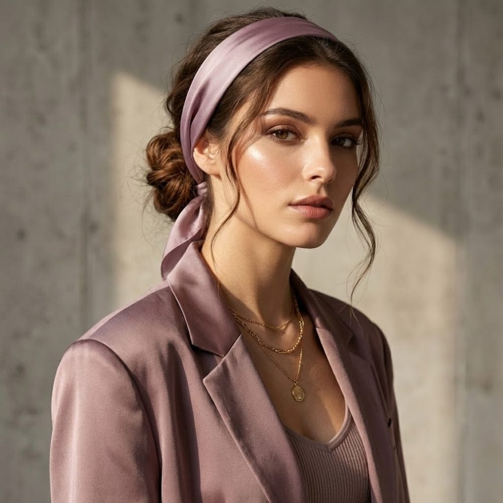 Foulard en satin parme noué sur une coiffure, porté par une femme en tenue élégante dans un décor minimaliste