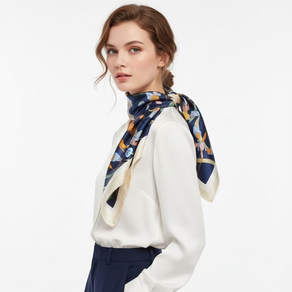 Foulard en satin bleu marine avec motifs floraux colorés, noué autour du cou d'une femme élégant