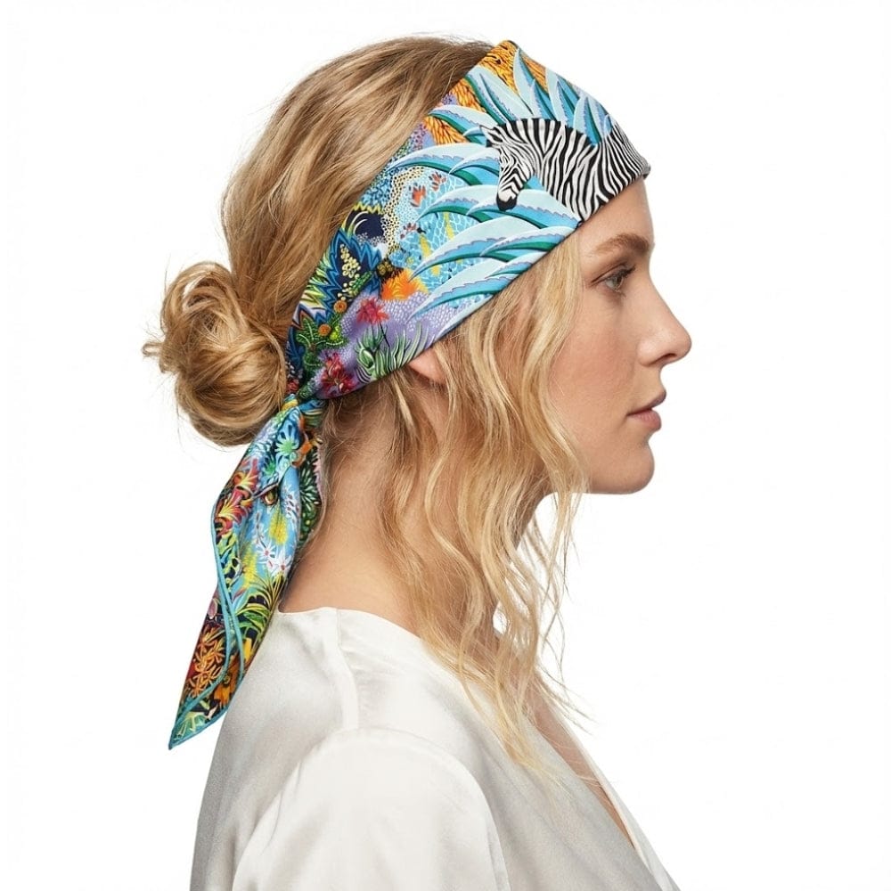 Foulard en satin aux couleurs vibrantes avec motif zèbre, noué sur la tête d'une femme