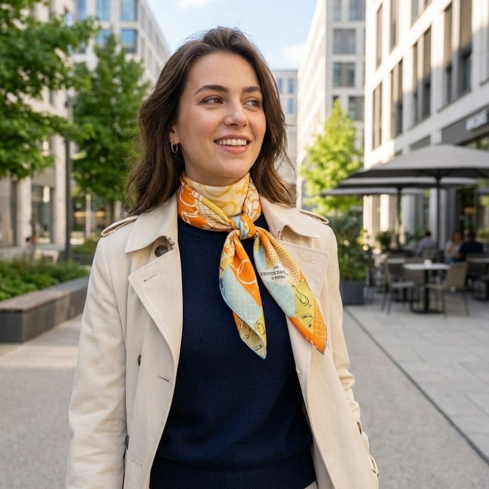 Foulard en soie orange éclatant noué autour du cou d'une femme, porté avec un trench beige dans un décor urbain