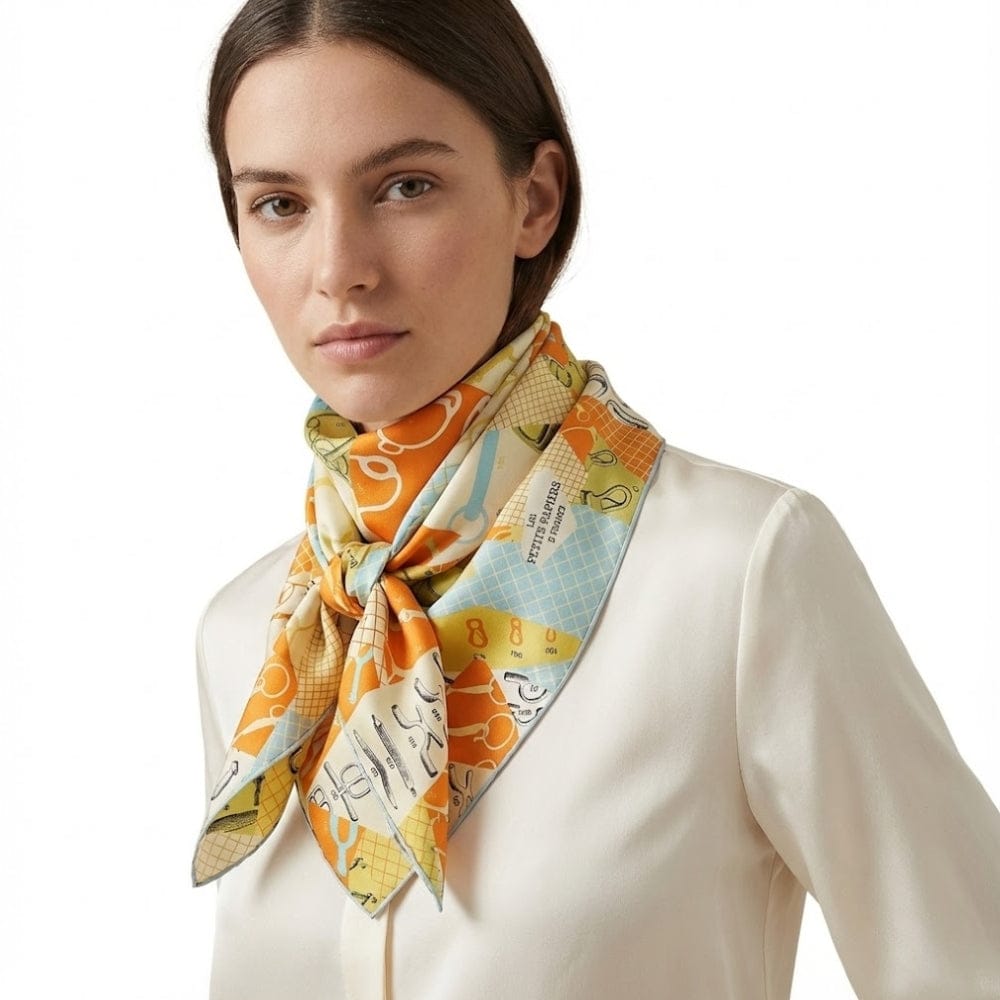 Foulard en soie aux motifs colorés, orange éclatant et bleu, noué élégamment autour du cou d'une femme