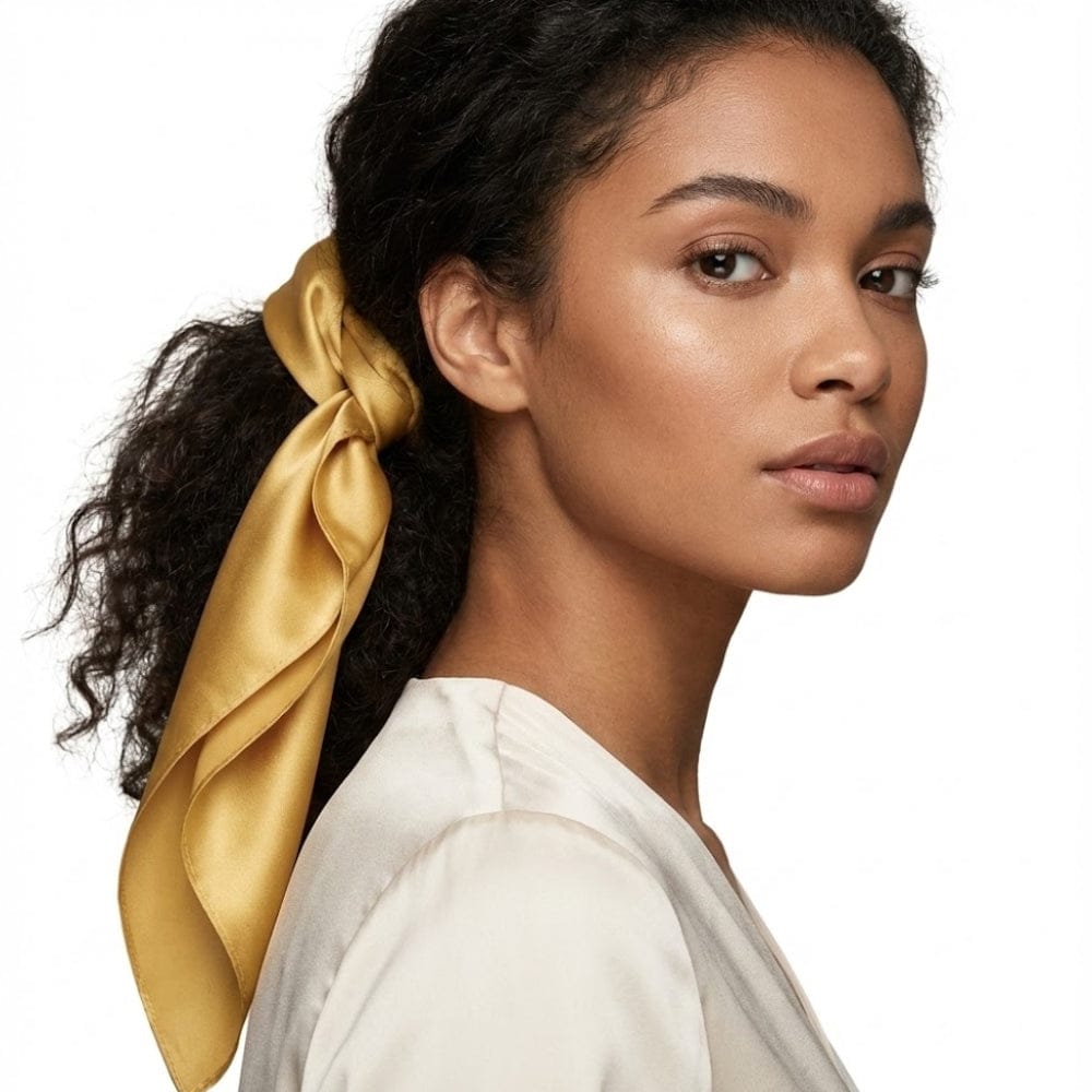 Foulard en soie jaune moutarde noué dans les cheveux d'une femme, sur fond blanc, dégageant une allure sophistiquée