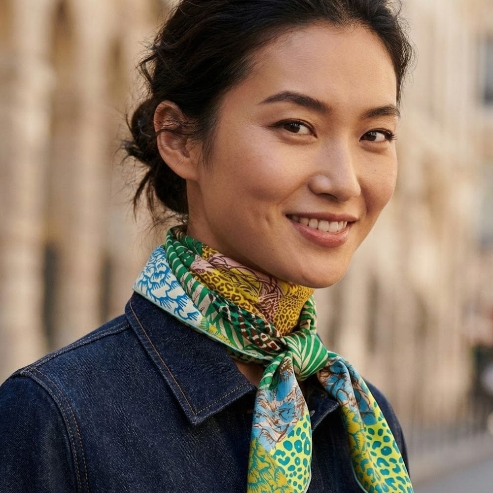 Foulard coloré en soie avec motifs léopard et floraux, noué autour du cou d'une femme souriante