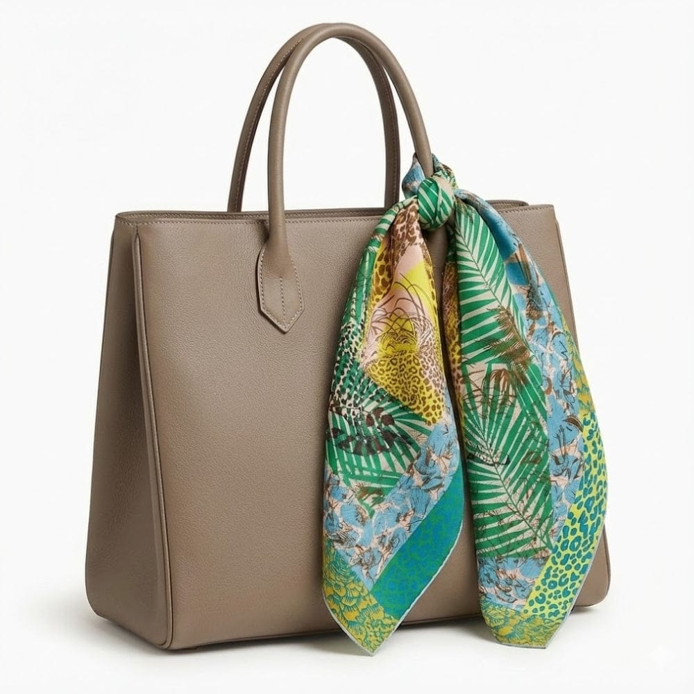 Foulard en soie aux motifs colorés de feuilles et de léopard, noué sur un sac à main beige