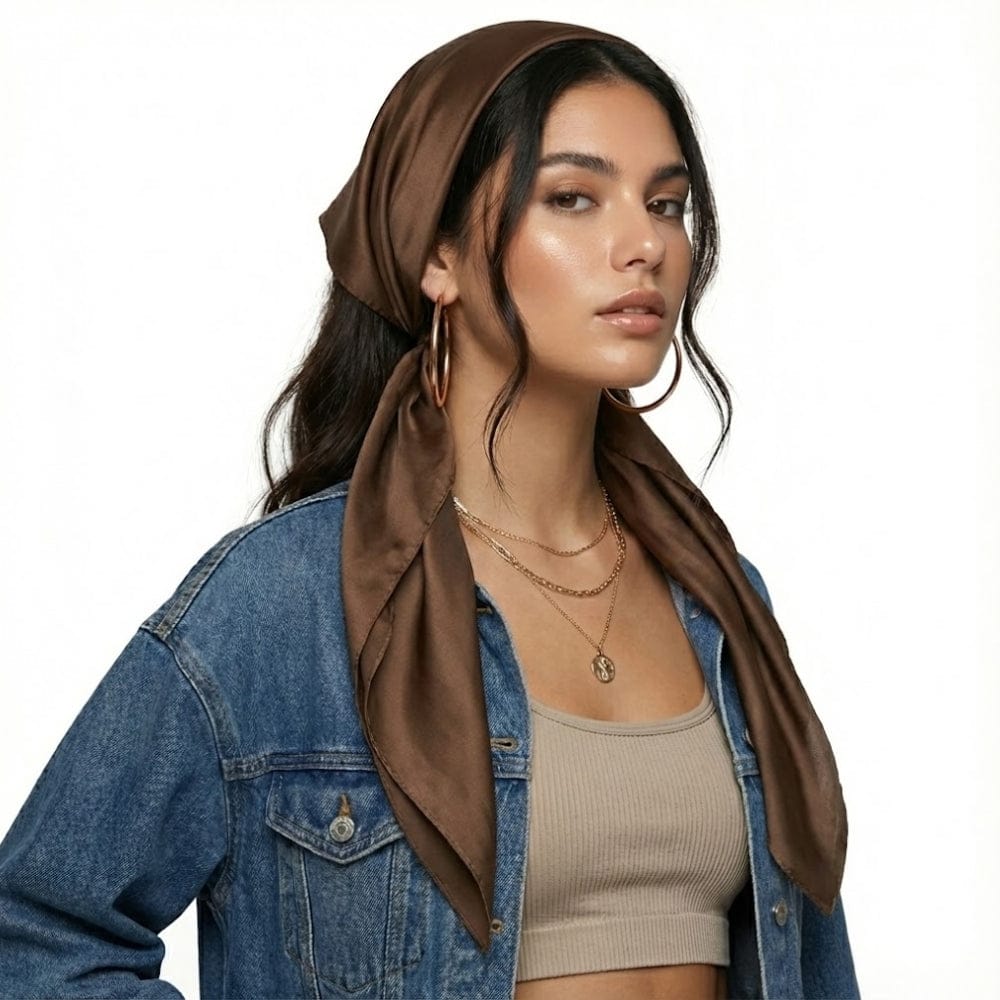 Foulard en satin marron aux teintes naturelles, noué autour de la tête, porté par une femme en veste en jean