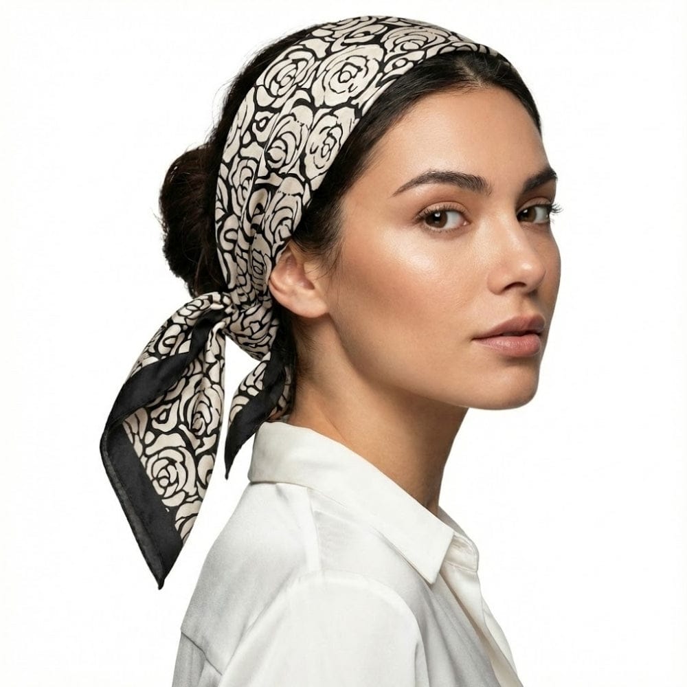 Foulard noir et blanc fleuri en soie | Chic graphique et douceur soyeuse Noir & Blanc / 53x53cm The Foulard