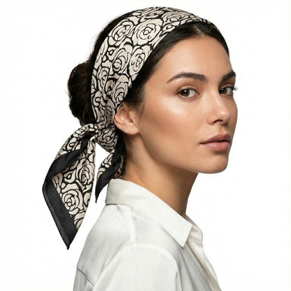 Foulard noir et blanc fleuri en soie | Chic graphique et douceur soyeuse Noir & Blanc / 53x53cm The Foulard