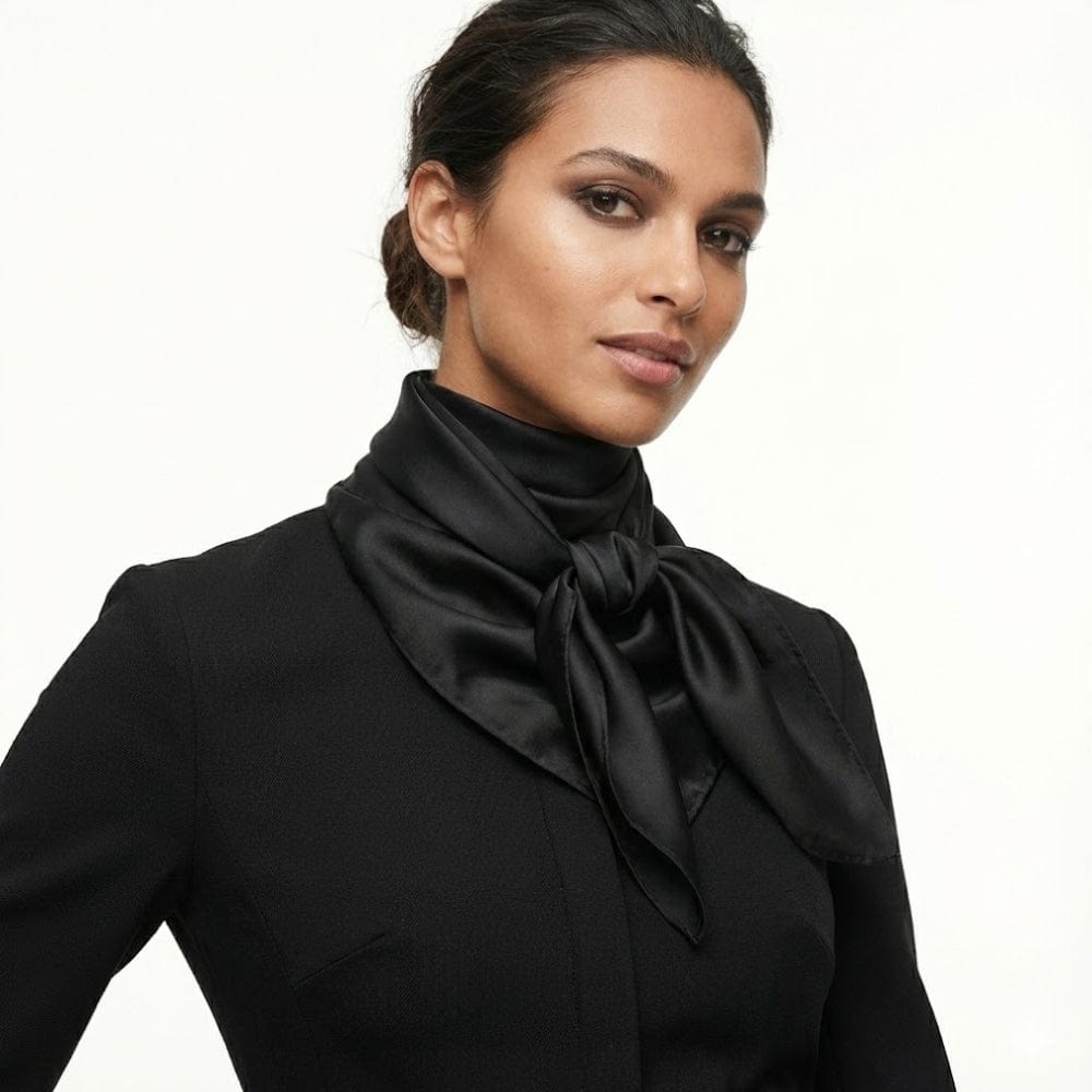 Foulard en satin noir noué autour du cou, porté par une femme dans un décor minimaliste et élégant