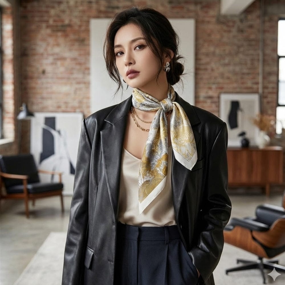 Foulard en soie noué autour du cou, motifs floraux jaunes et gris, porté avec un blazer noir dans un intérieur