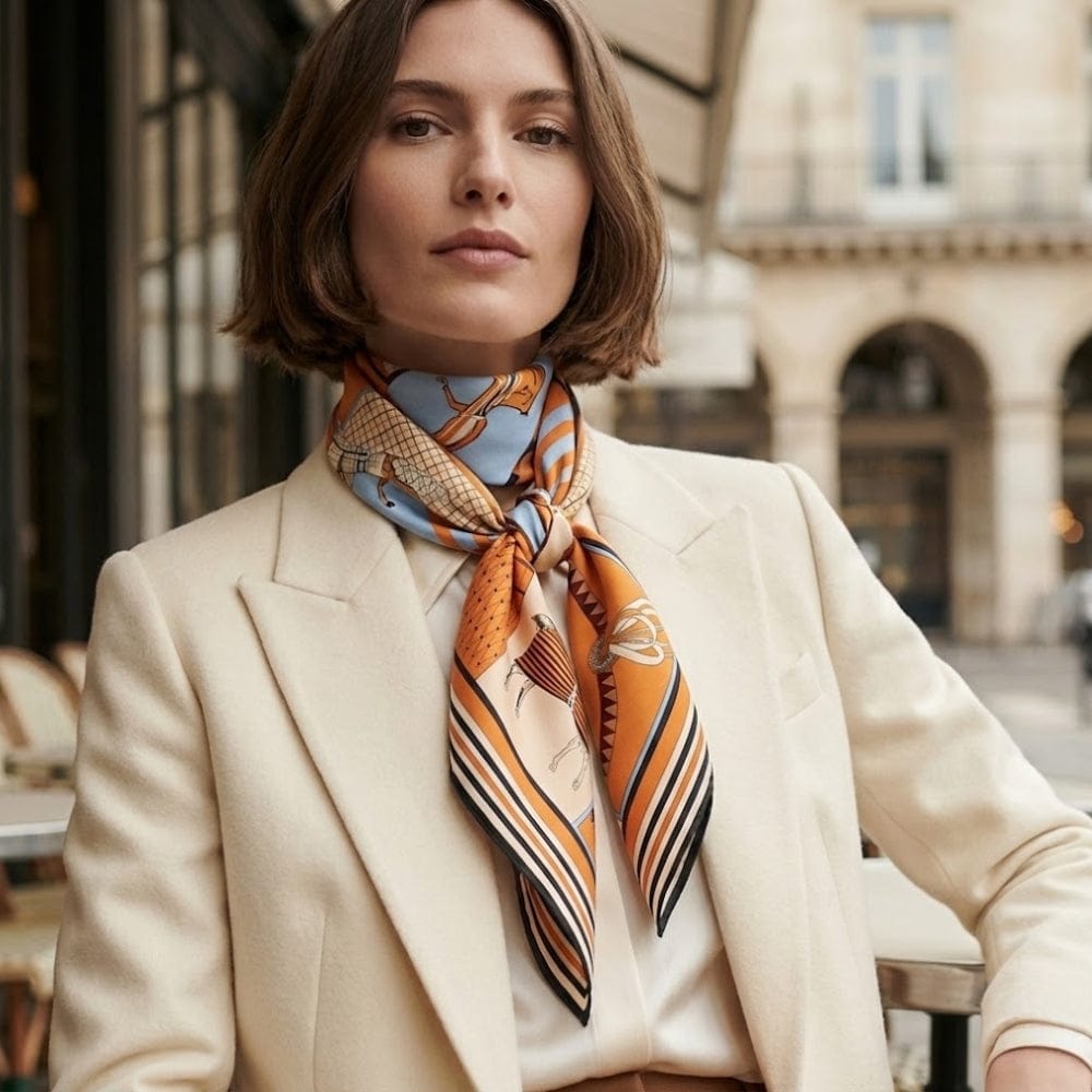 Foulard carré en soie orange avec motif cheval, noué autour du cou d'une femme élégant en extérieur