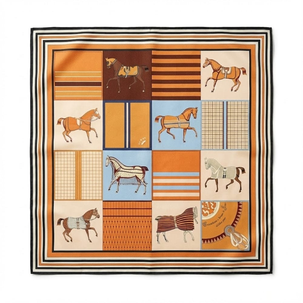 Foulard carré en satin orange avec motifs de chevaux et lignes, posé sur un fond blanc
