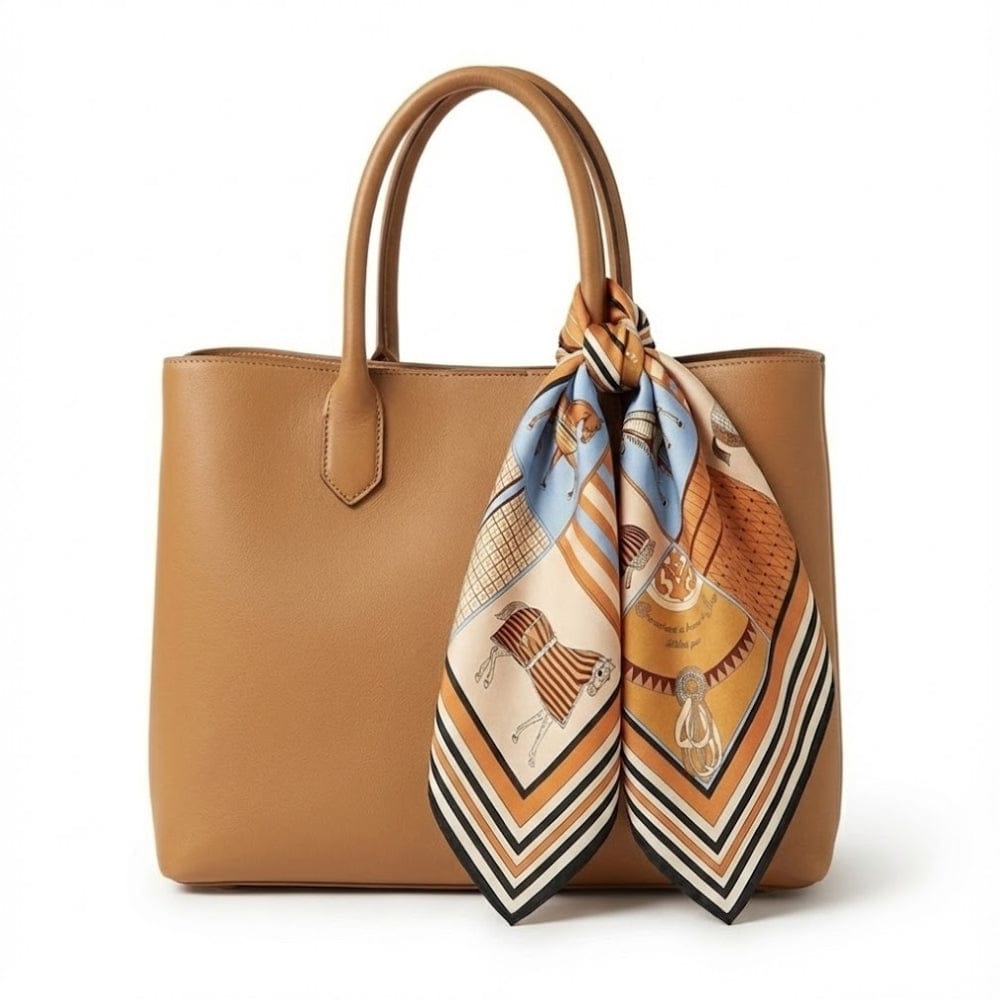 Foulard carré en soie aux motifs colorés, noué sur un sac en cuir marron, ajoutant une touche élégante