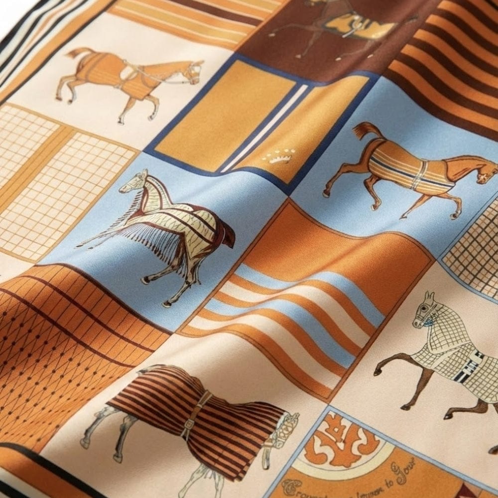 Foulard en satin orange avec motifs de chevaux sur fond beige et bleu, drapé élégamment sur une surface