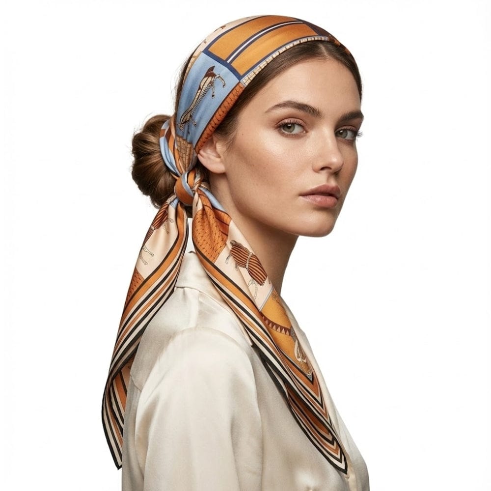 Foulard en soie orange avec motif cheval, noué élégamment sur une femme au teint lumineux