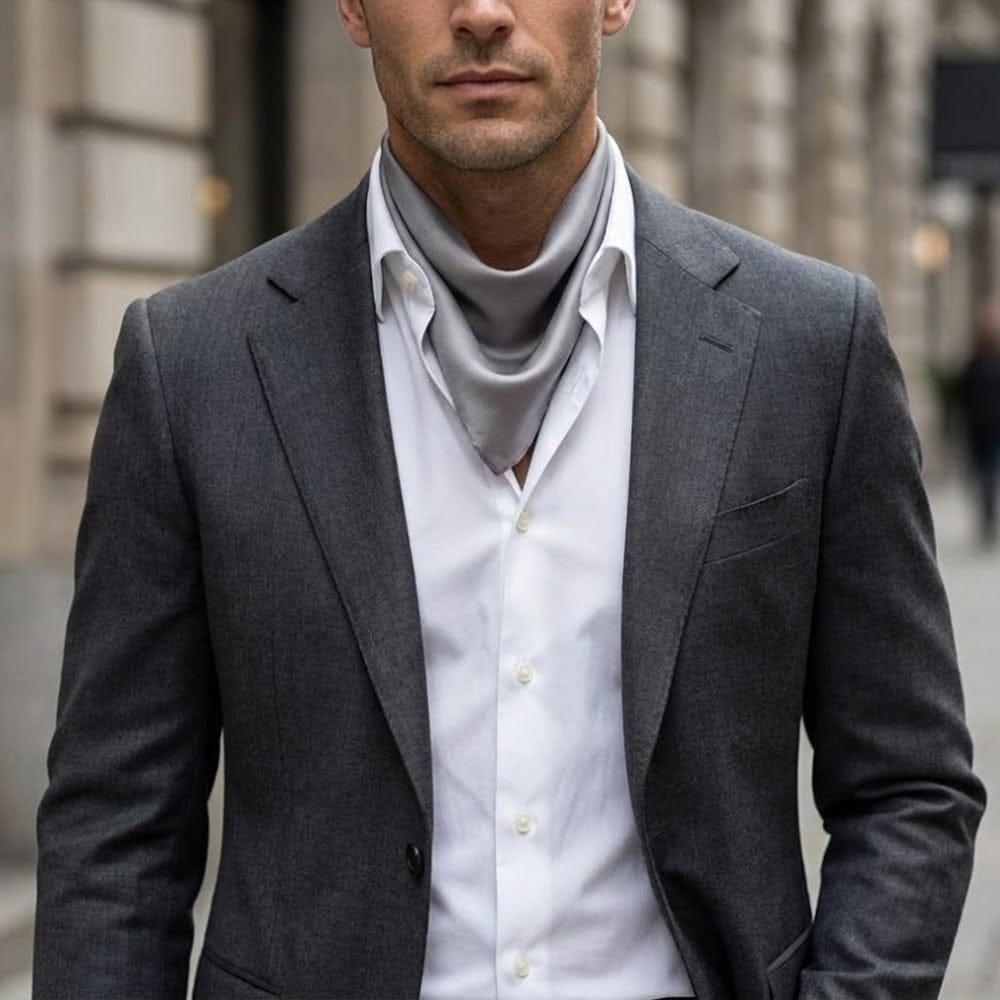 Foulard en soie gris noué autour du cou d'un homme en costume, sur fond urbain élégant