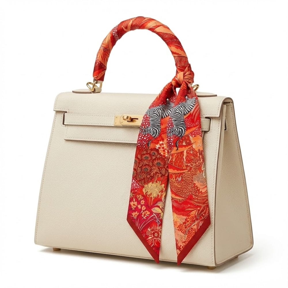 Foulard en satin aux motifs floraux et animaliers, noué sur un sac à main beige élégant