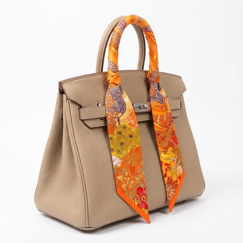 Foulard en satin aux motifs floraux orange noué sur le sac à main beige, ajoutant une touche élégante