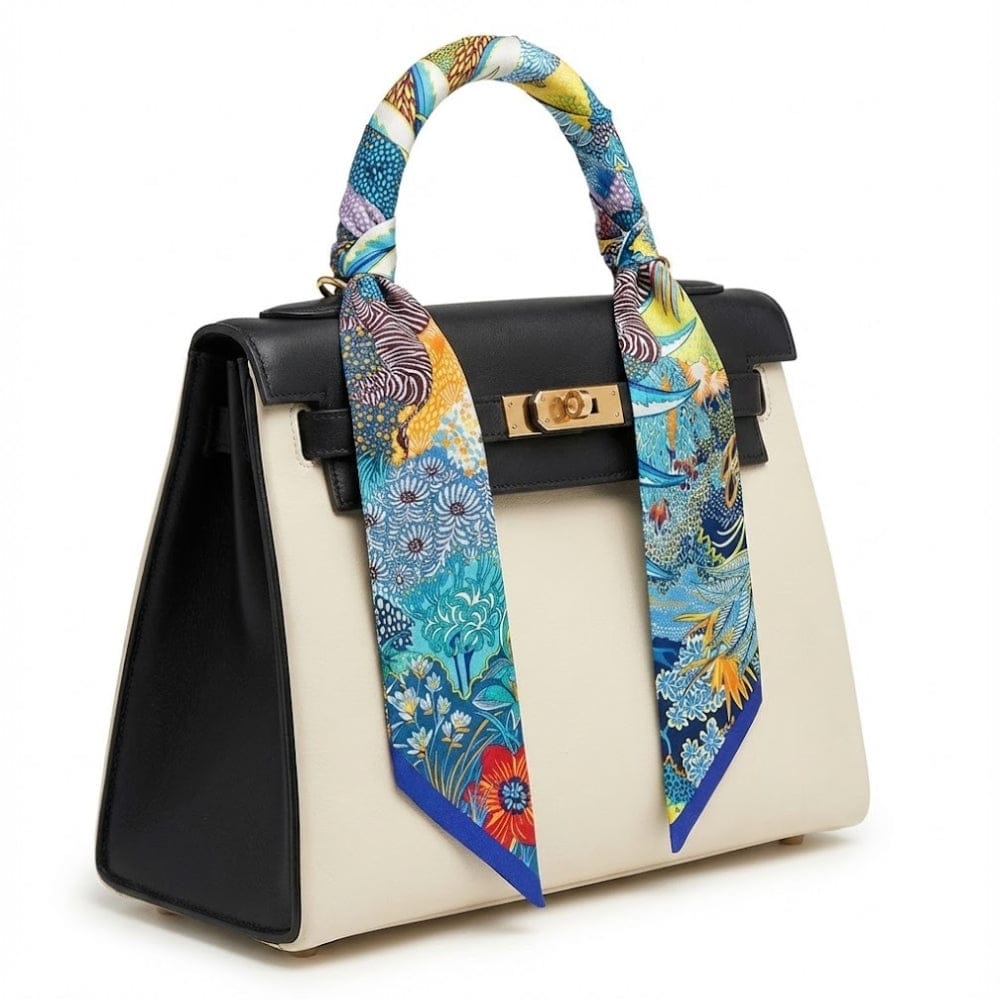 Foulard en satin aux motifs floraux colorés noué sur un sac à main élégant, ajoutant une touche chic