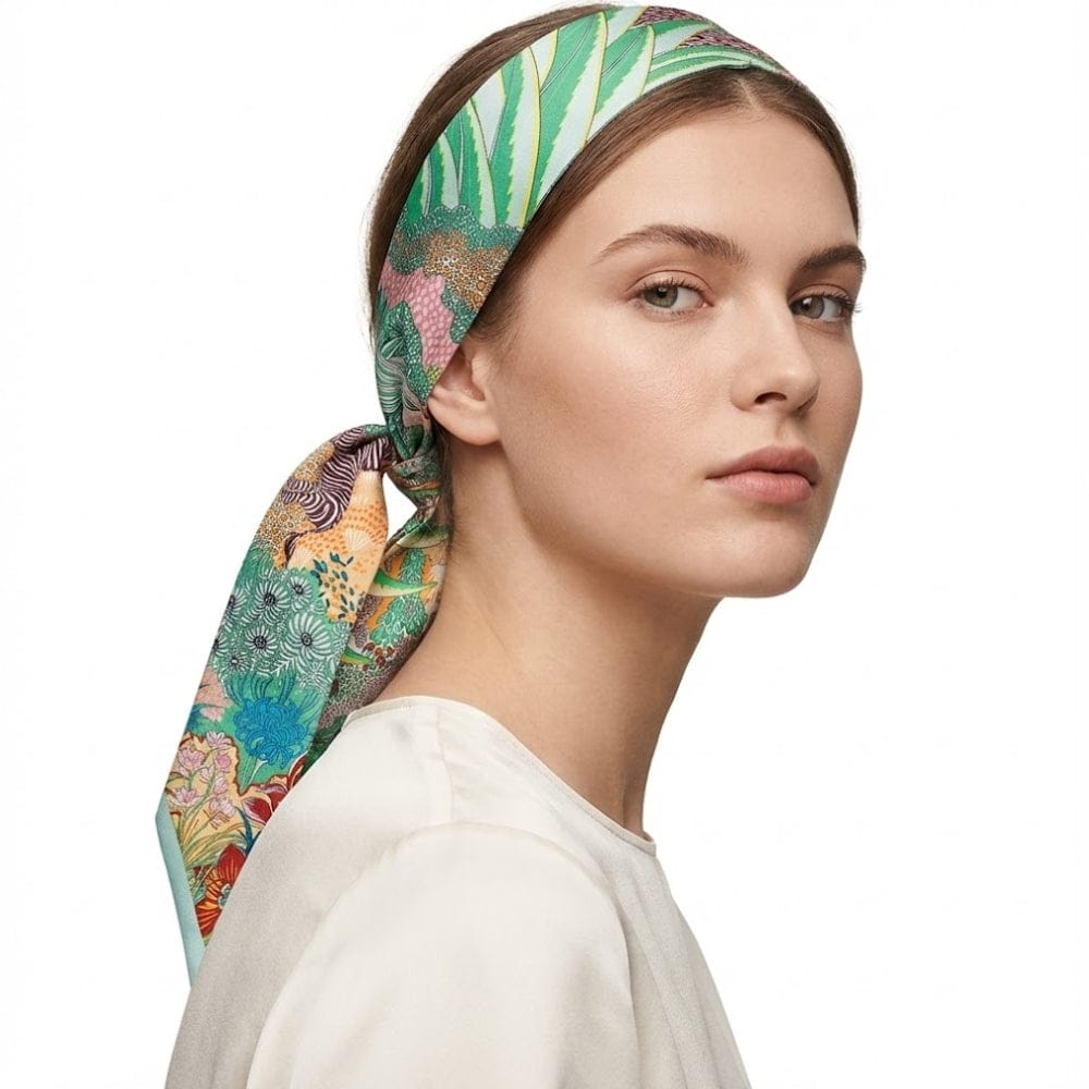 Foulard en satin aux motifs floraux colorés, noué sur la tête d'une femme, apportant une touche d'élégance