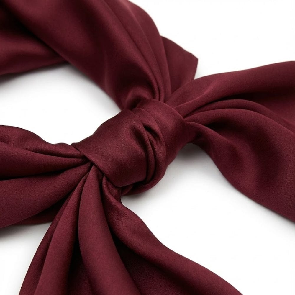 Foulard en satin rouge noué, offrant une élégance intemporelle avec un éclat raffiné et une texture douce