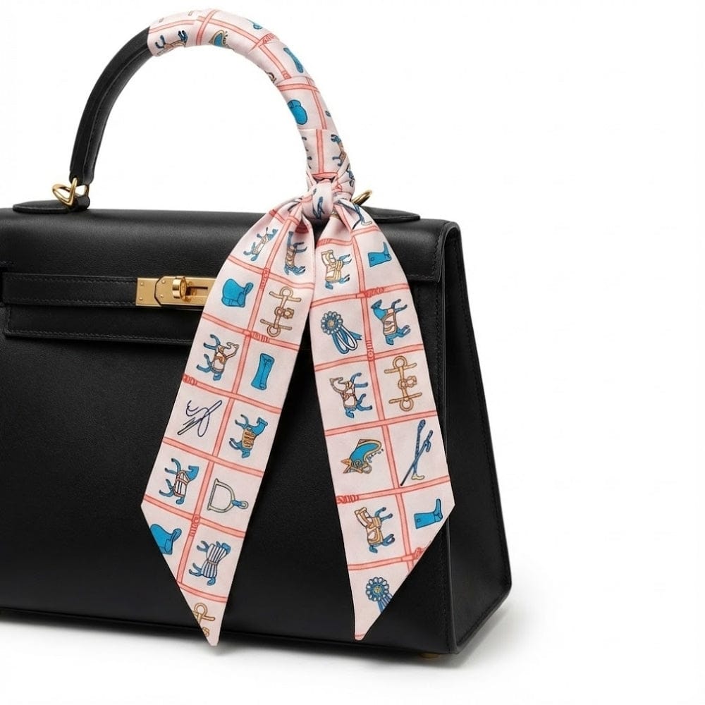 Foulard en satin rose à motifs colorés, noué sur la poignée d'un sac à main noir élégant