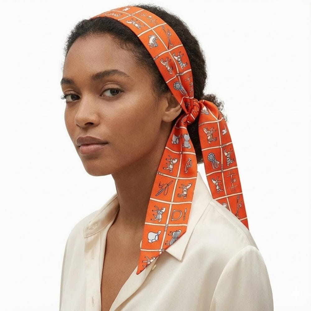 Foulard en satin orange à motifs graphiques, noué sur la tête d'une femme, avec une blouse claire