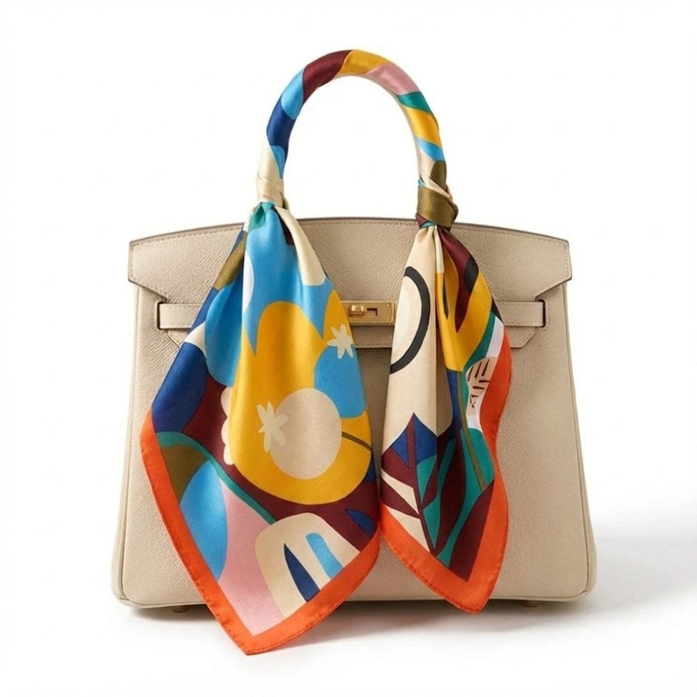 Foulard en satin coloré avec motifs floraux, noué sur le manche d'un sac à main beige élégant