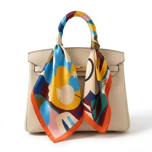 Foulard en satin coloré avec motifs floraux, noué sur le manche d'un sac à main beige élégant
