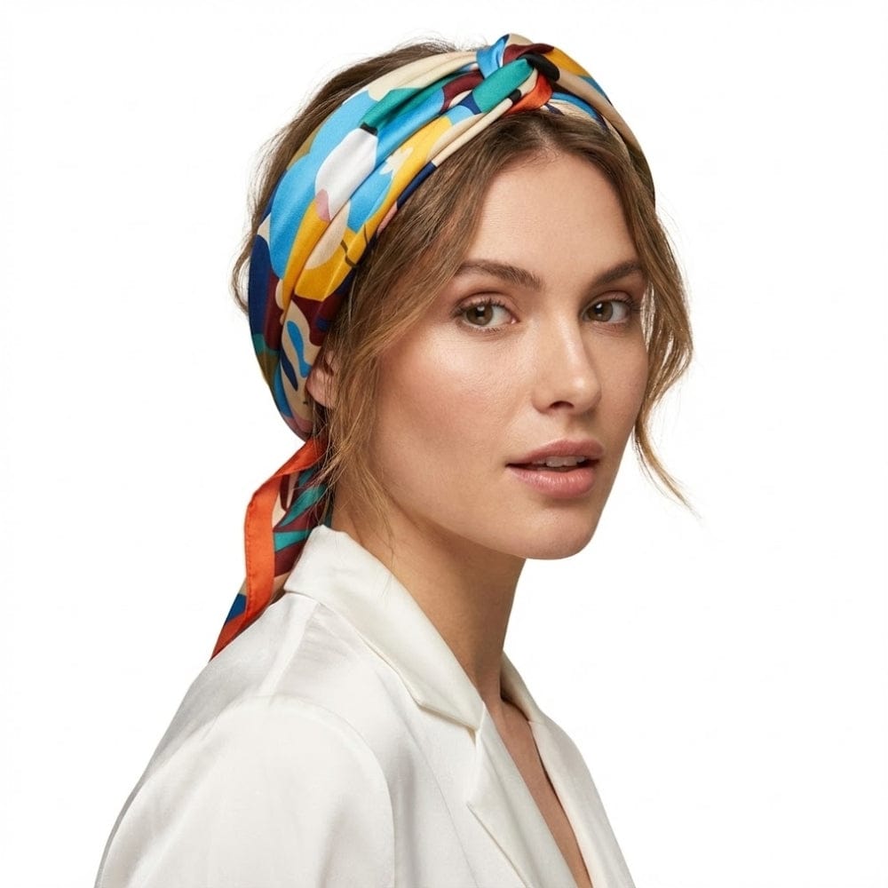 Foulard en satin coloré noué sur la tête, avec des motifs abstraits et un éclat soyeux, porté par une femme