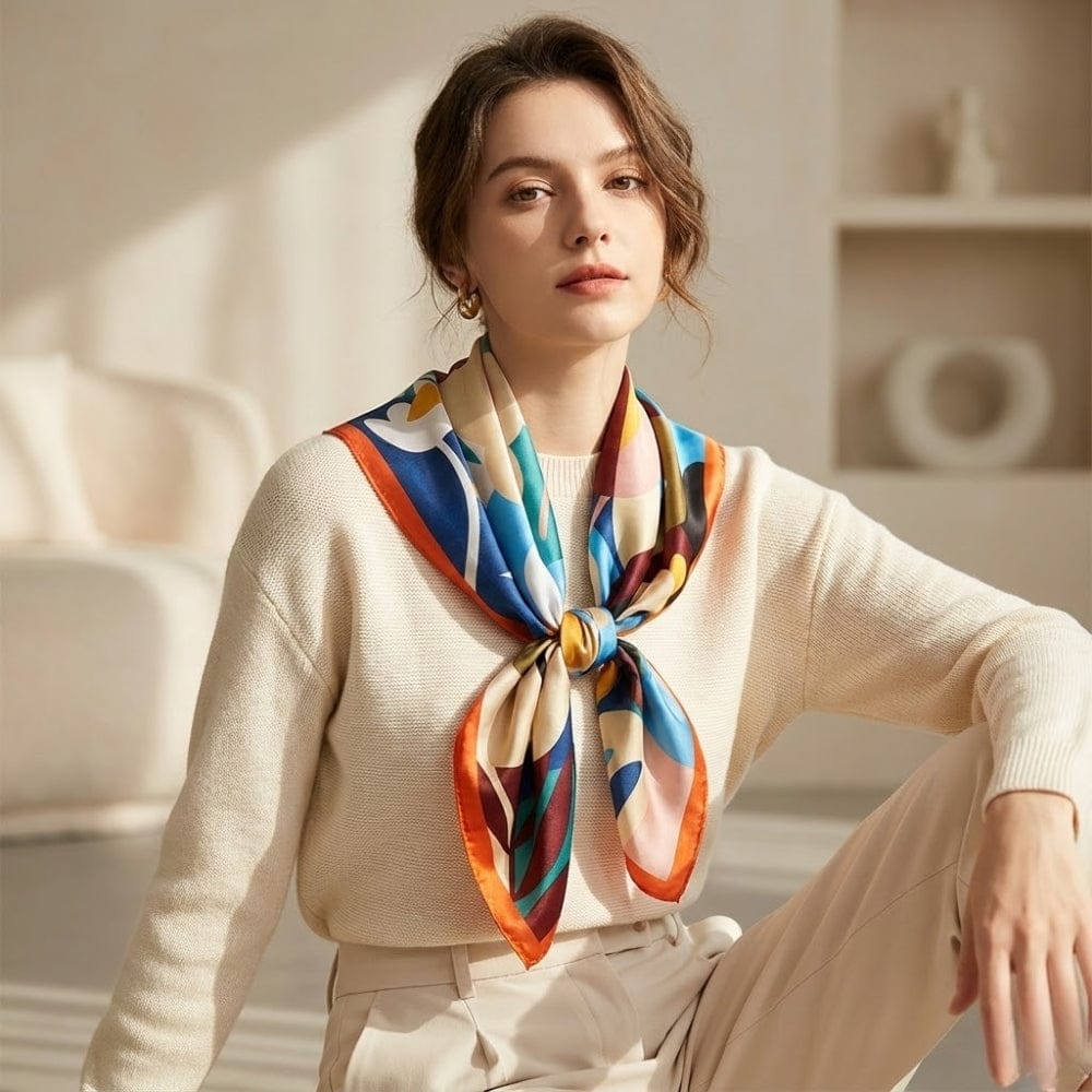 Foulard en satin aux motifs colorés, noué autour du cou d'une femme dans un décor moderne et lumineux