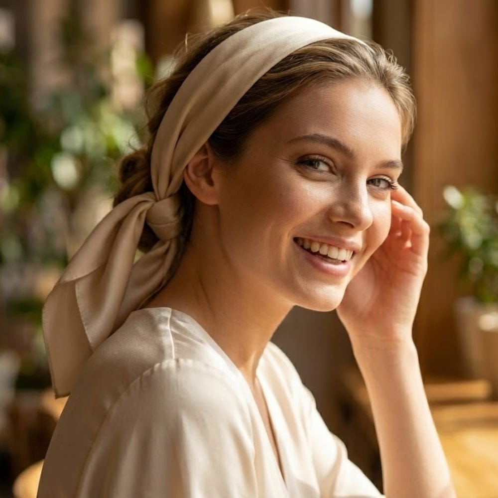 Foulard en soie beige noué sur la tête d'une femme souriante, dans un décor chaleureux et naturel