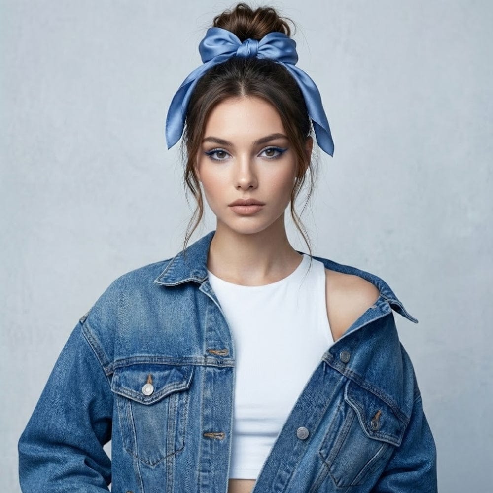 Foulard en satin bleu noué dans les cheveux d'une femme, avec un fond gris clair et une veste en jean